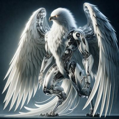 The primary subject of the image is a futuristic robotic bird, which appears to be a mix of a bird and a robot. The bird has a white and grey color scheme, and it is surrounded by a dark background. The visual style of the image is digital art, as it is a computer-generated image. The overall atmosphere of the image is futuristic and technological, with the bird's unique design and the contrast between the bird and the dark background.
